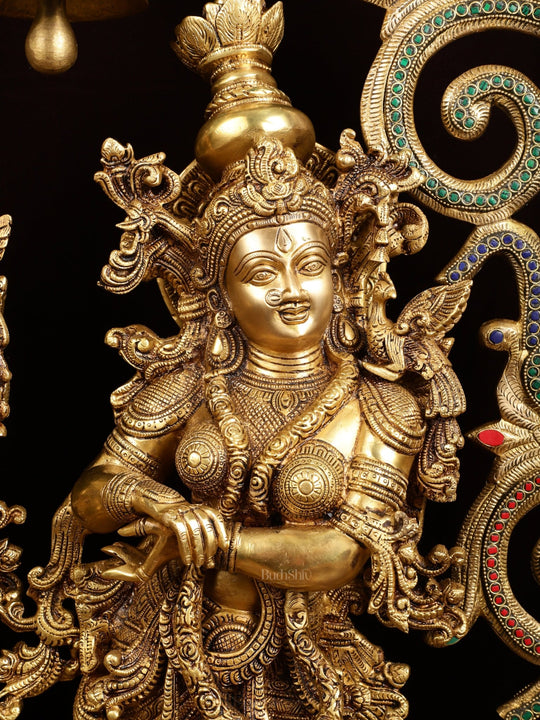 45" Contrasted Majestic Brass Radha Krishna with Peacock Temple Arch - Budhshiv.com