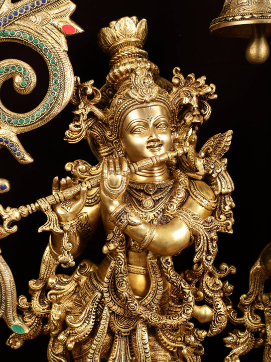 45" Contrasted Majestic Brass Radha Krishna with Peacock Temple Arch - Budhshiv.com