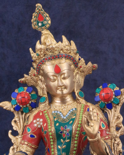 Large Pure Brass Green Tara Statue with Meenakari Stonework - 18.5"