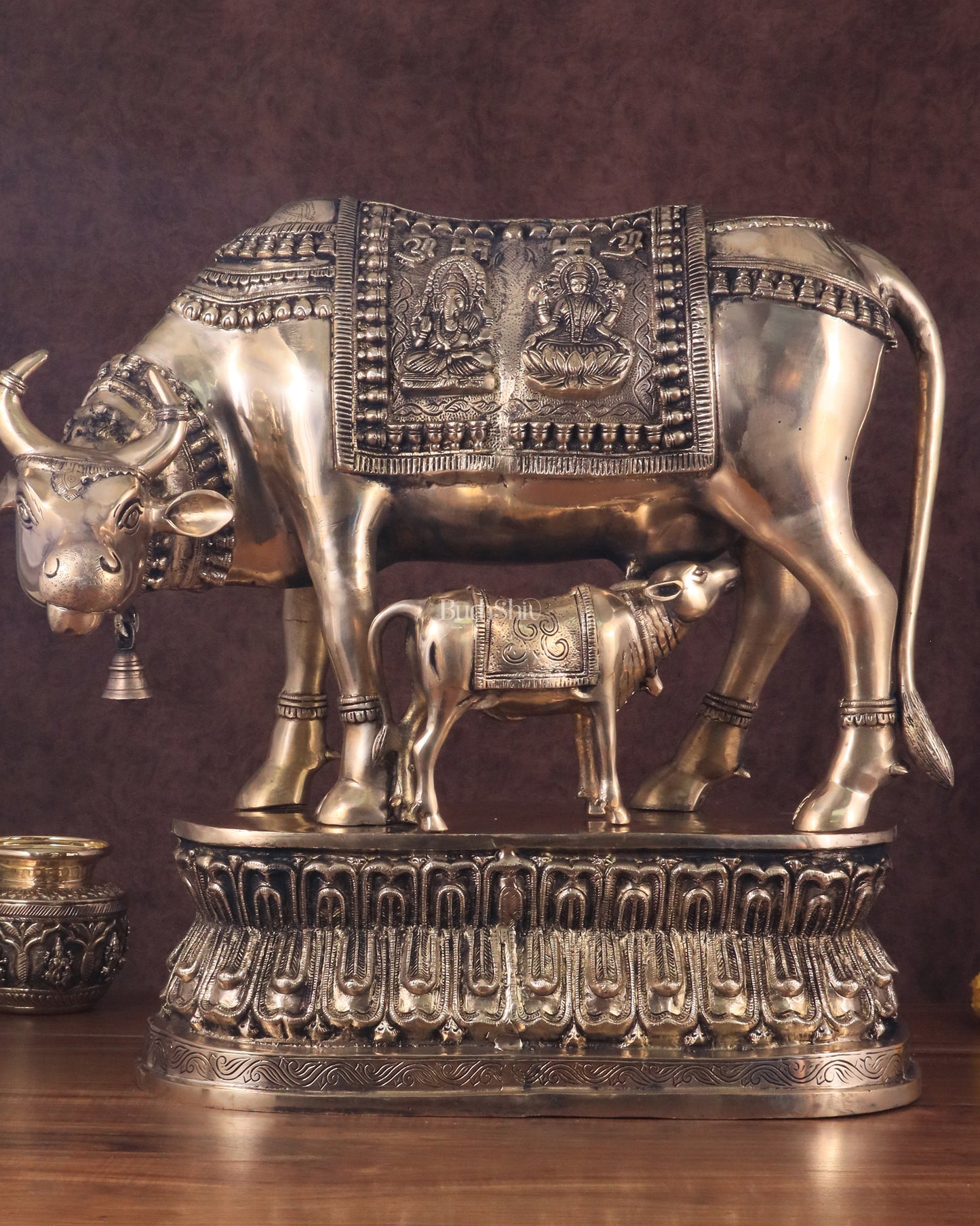 Brass Large Kamadhenu Cow with Calf Idol - 22 Inch Antique Charm