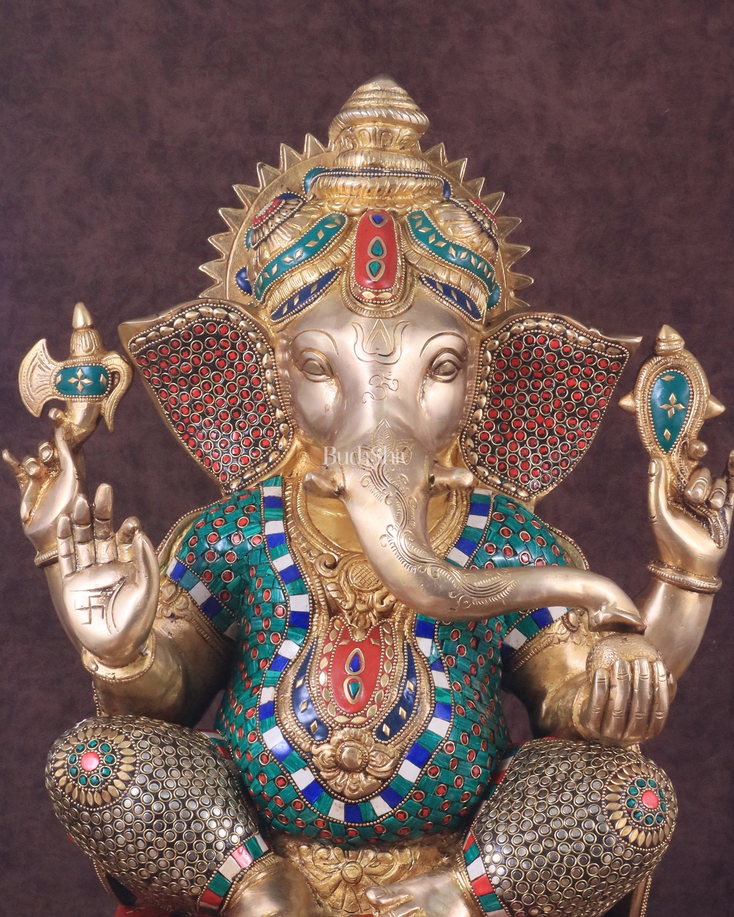 Pure Brass Large Ganesha Statue with Meenakari Stonework and Ashtavinayak Carvings - 22"