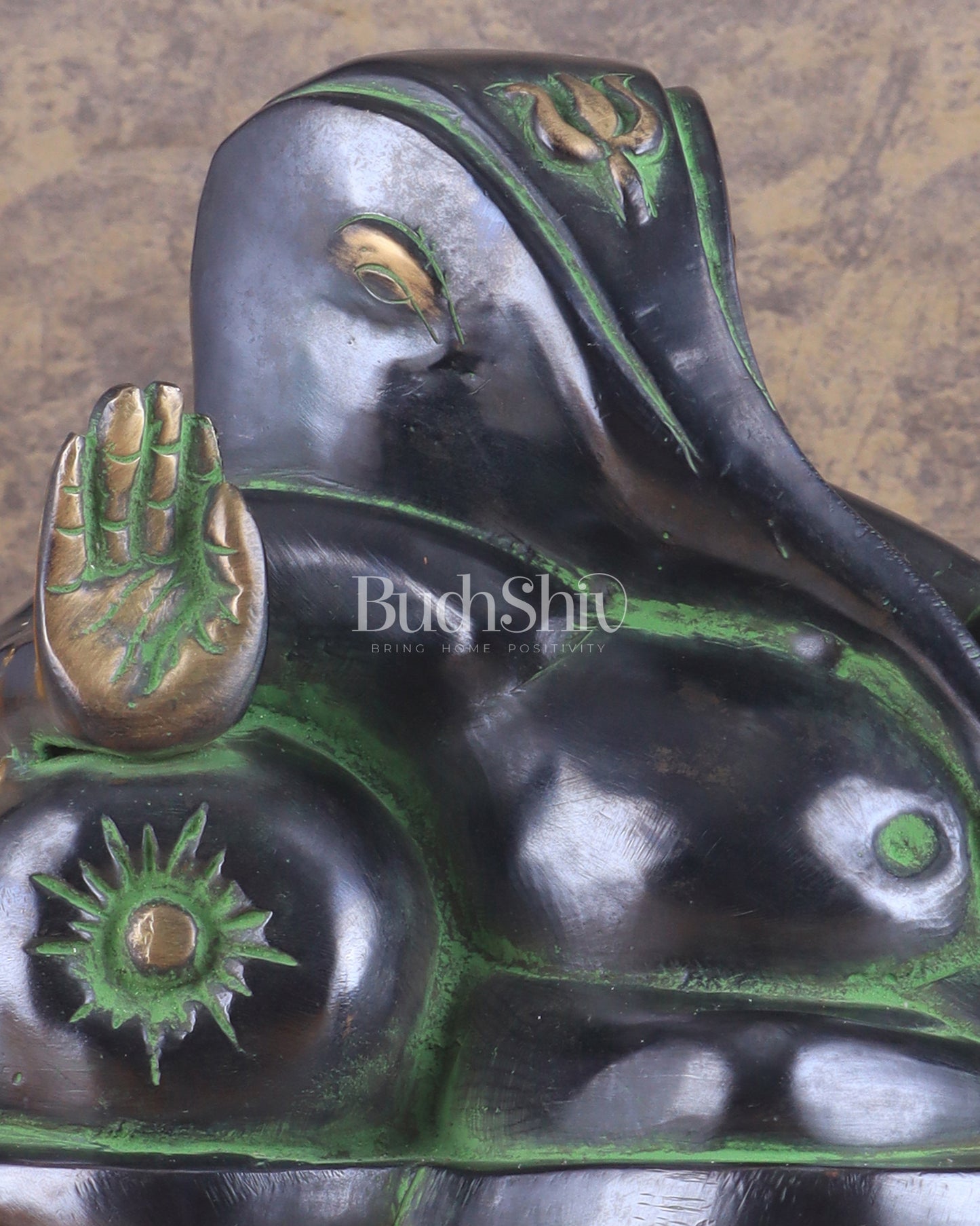 Pure Brass Handcrafted Modern Ganesha Statue in Resting Posture
Vintage Black and Green Tone 11 inch