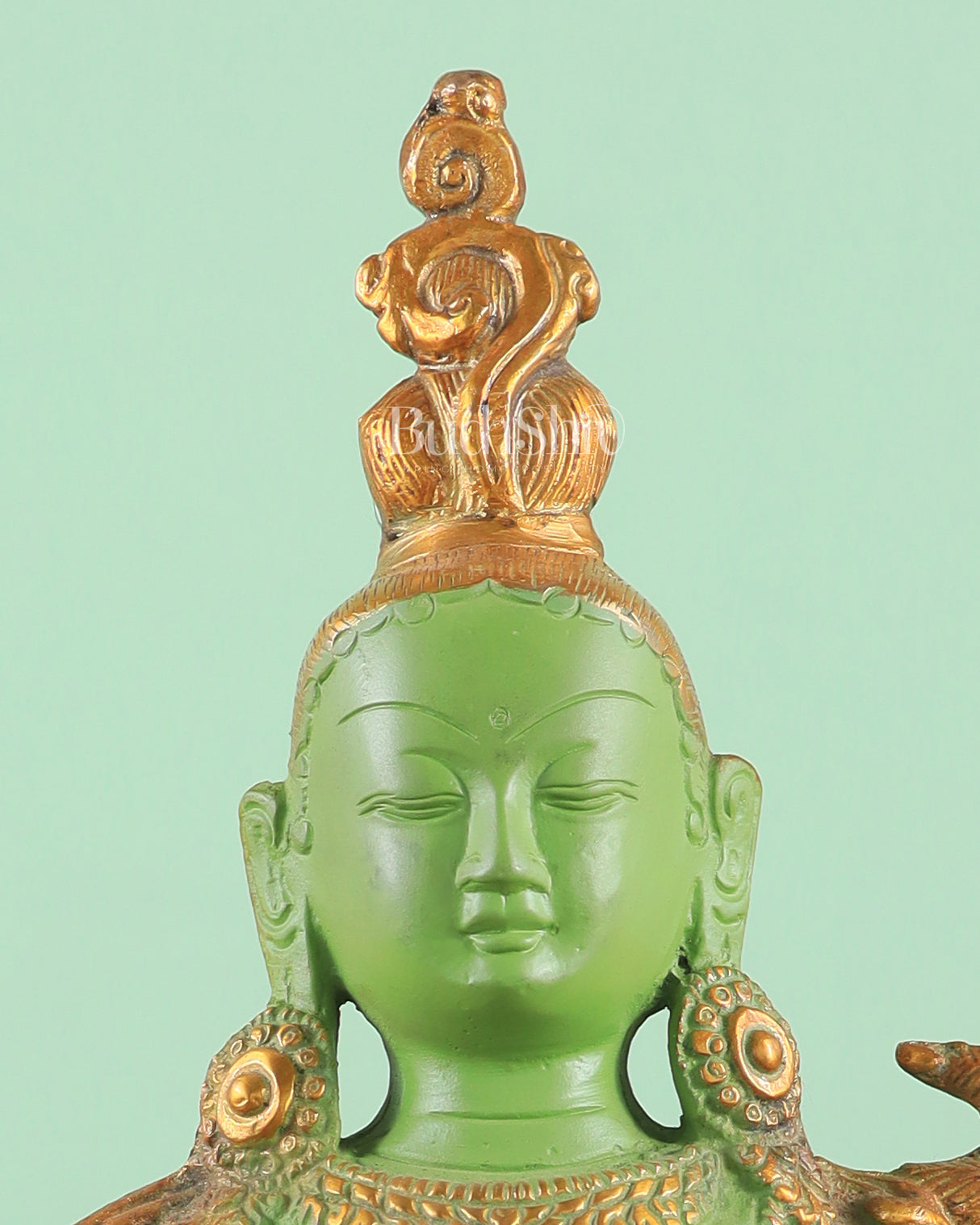 Pure Brass Green Tara Statue with Antique Sand Finish Henna Touch 10.5"