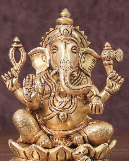 Pure Brass Ganesha in Lotus Base Idol - 5.5"