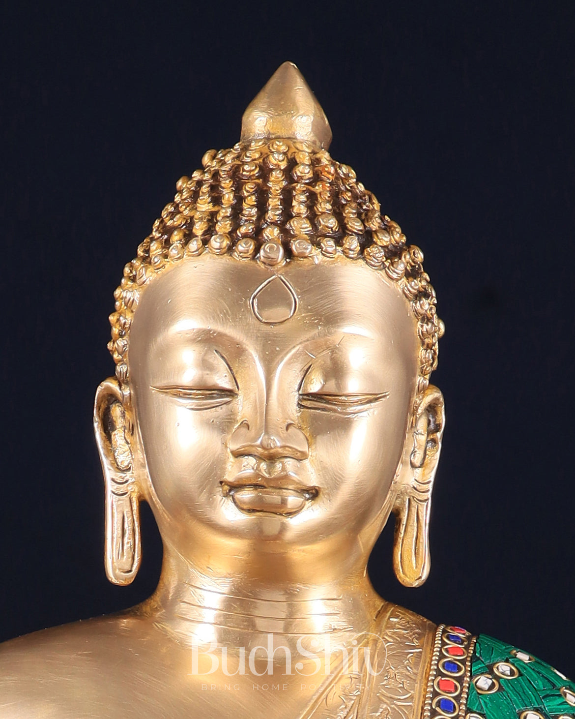 Pure Brass Buddha Statue in Abhaya Mudra with stonework 14 inch