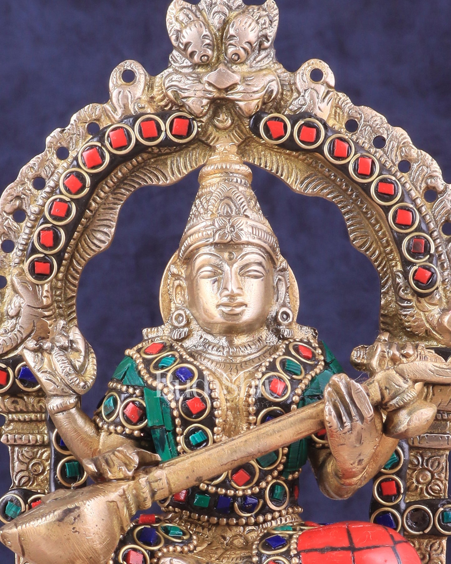 Pure Brass Goddess Saraswati Idol | Meenakari Stonework 8"