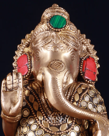 Elegant Brass Standing Ganesha with stonework | 9.5" Height