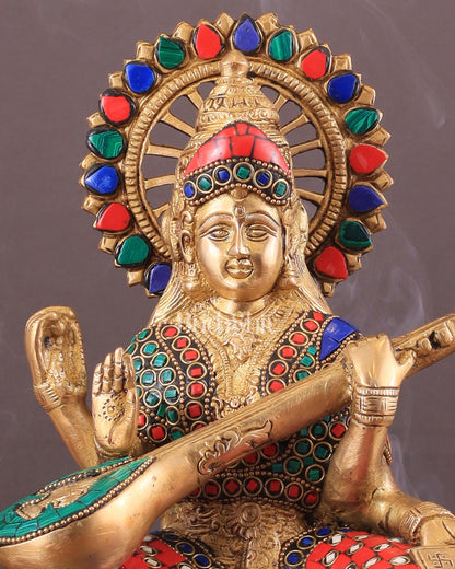 Brass Goddess Saraswati Sitting on Lotus with Swan | 11 Inch meenakari