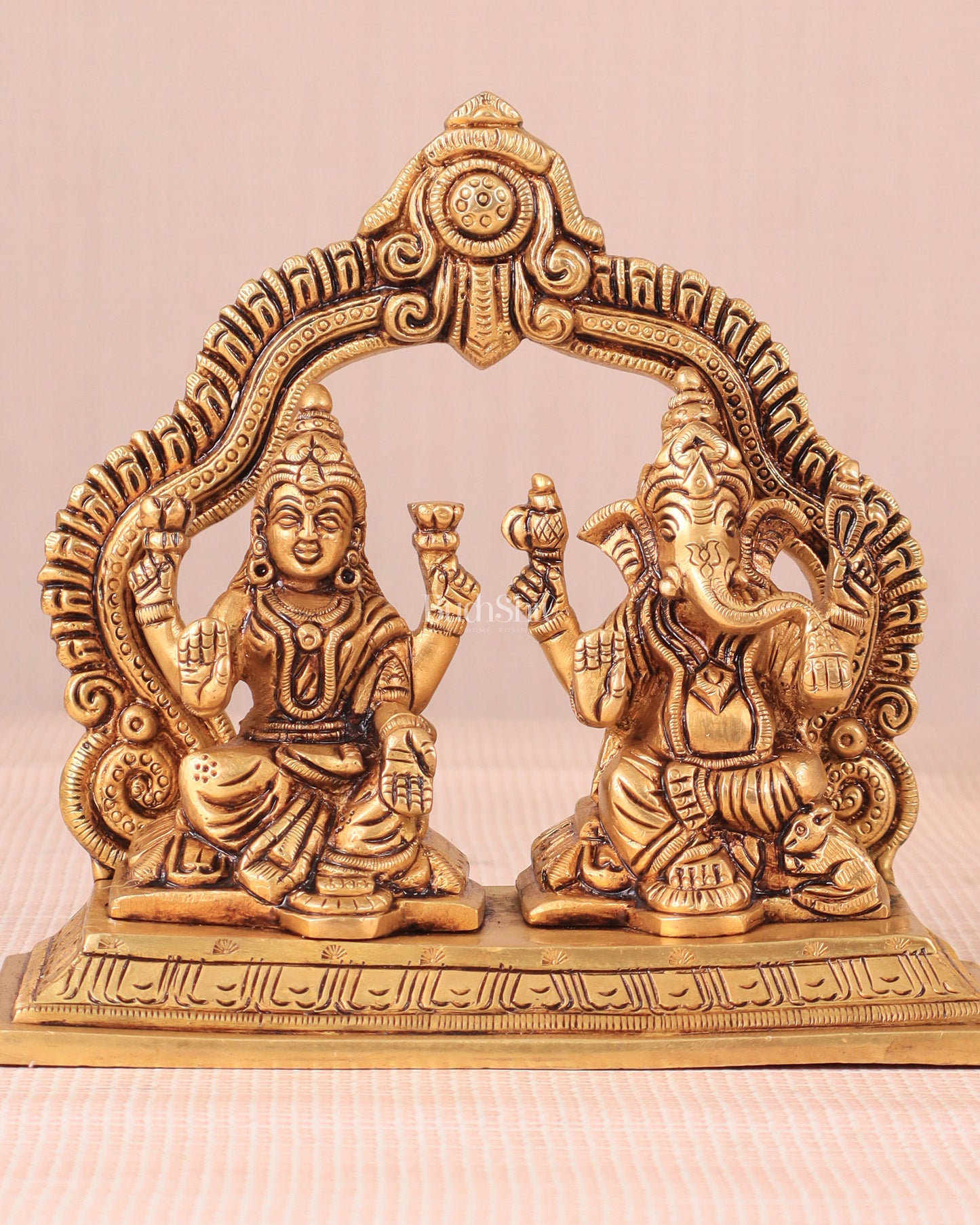 Pure Brass Lord Ganesha and Lakshmi Seated Together Idol - 5.5"