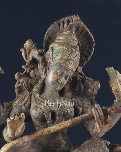 Brass Vintage Finish Saraswati Idol - 16" Divine Sculpture