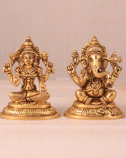 Brass Superfine Ganesha and Lakshmi Idol Pair - 4"