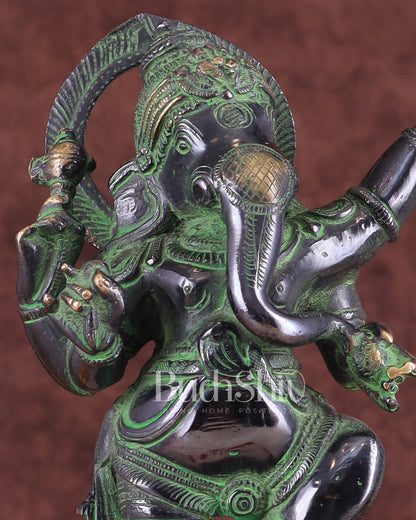 Lord Ganesha Dancing on Snake Brass Statue – Black & Green Antique Finish