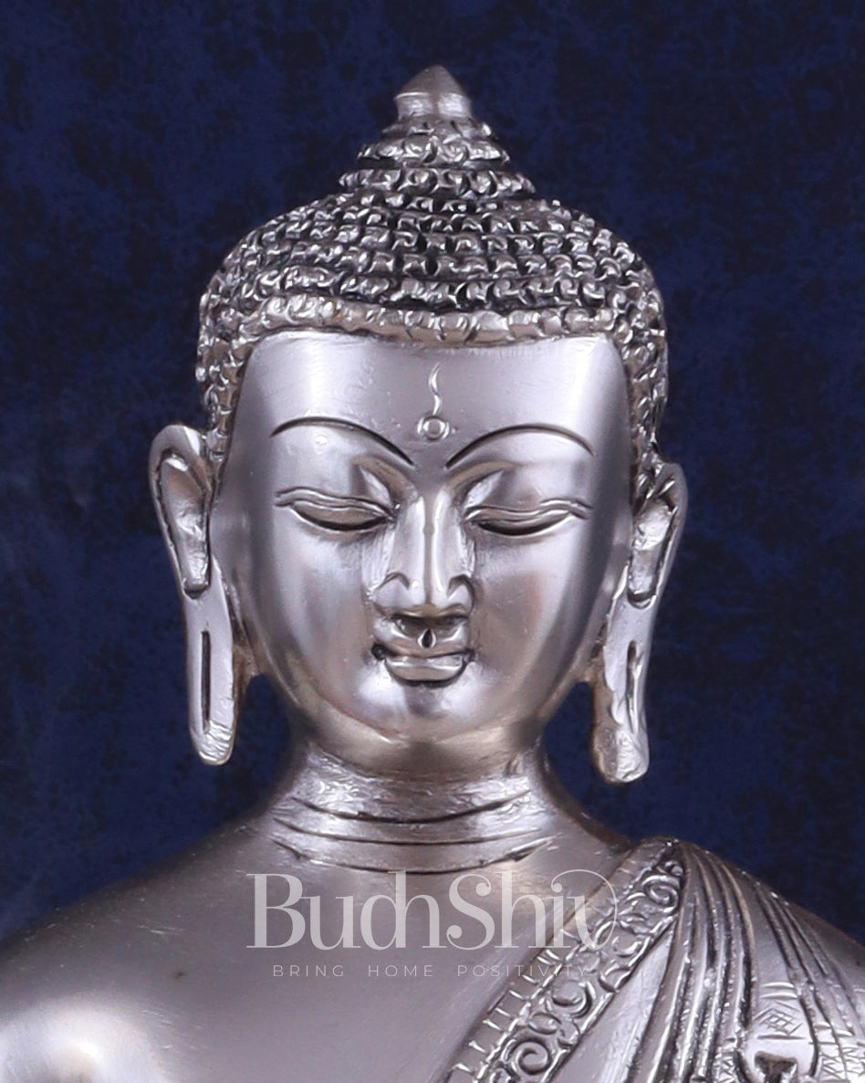 Pure Brass Buddha Blessing Mudra Statue - Silver plated, 10" Height