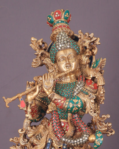 Krishna Statue with Lotus Base brass idol | 27 Inch | meenakari