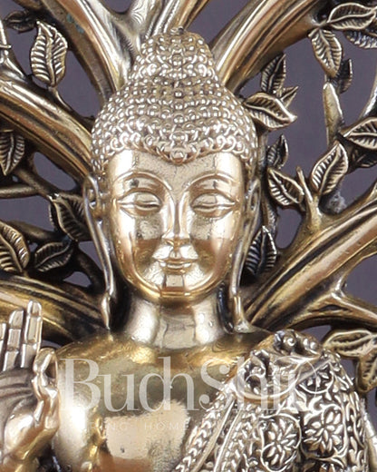 Intricate Superfine Brass Lord Buddha with Bodhi Tree Idol 6.5"