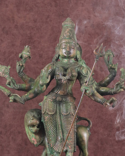 Standing Durga Brass idol with lion 18 inch green