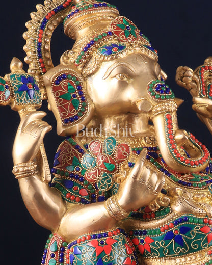 Majestic Brass Ganesha Resting Statue – 17" x 15.5" x 6.5" | Unique Stonework Design