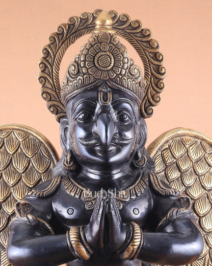 Grand Pure Brass Garuda Sculpture with Heat-Treated Vintage Black and Gold Finish - 28"