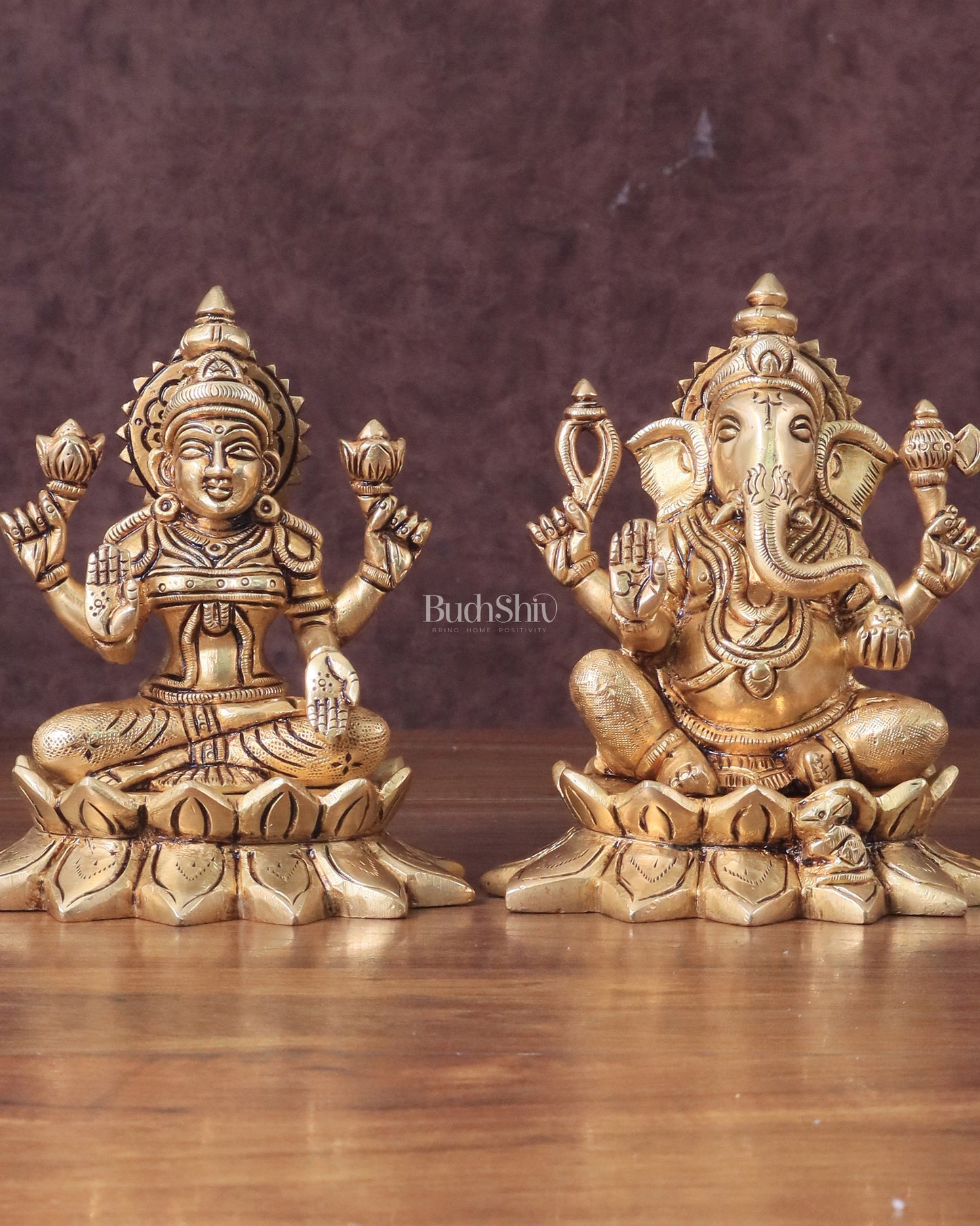 Pure Brass Ganesha and Lakshmi on Lotus Base Idol Set - 5.5"