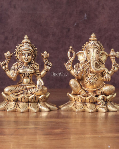 Pure Brass Ganesha and Lakshmi on Lotus Base Idol Set - 5.5"