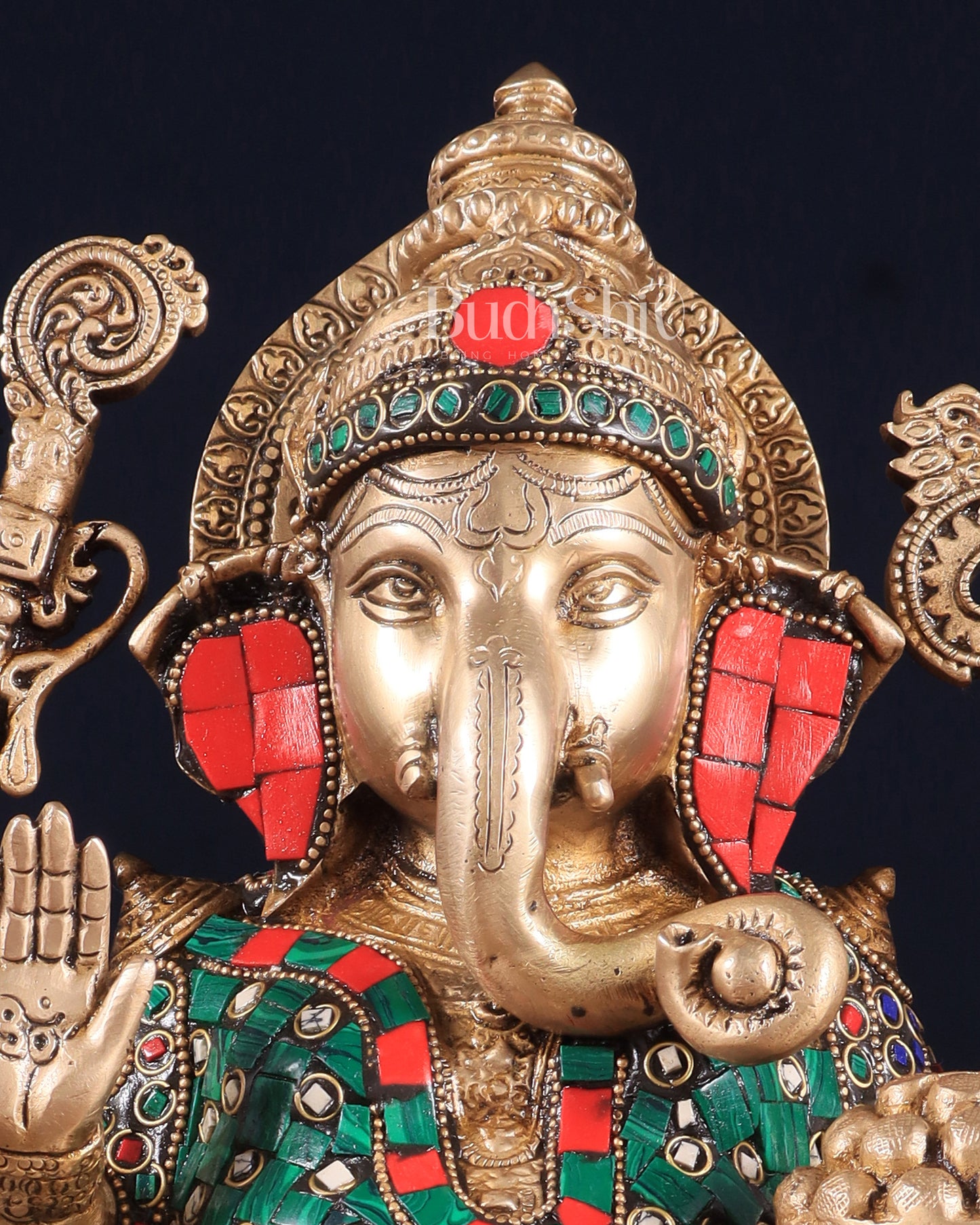 Pure Brass Ganesha on Lotus Idol 11 inch stonework