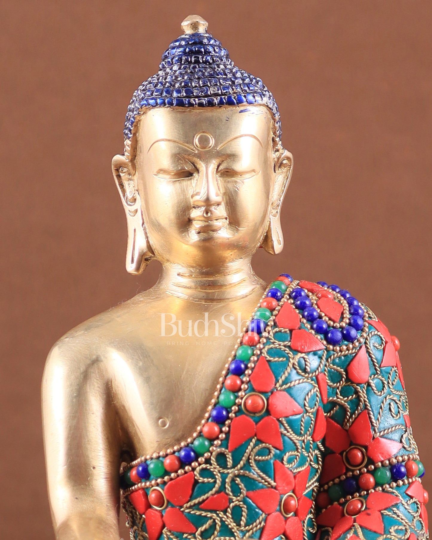 Pure Brass colourful Buddha Statue with Hand Down - 9.5" stonework