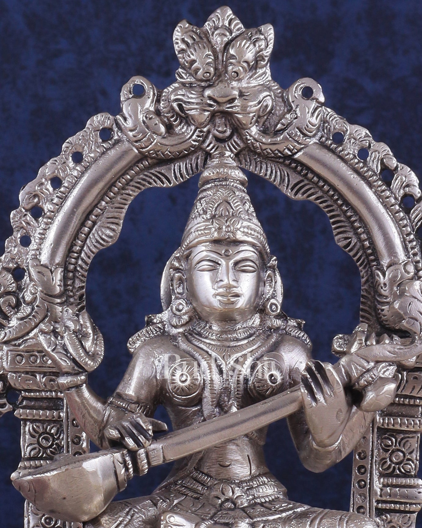 Pure Brass Goddess Saraswati Seated on a Throne – Silver Plated Idol 8.2"