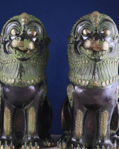 Pure Brass Large Tibetan Lions Pair - Vintage Black-Green Tone, 21 Inches