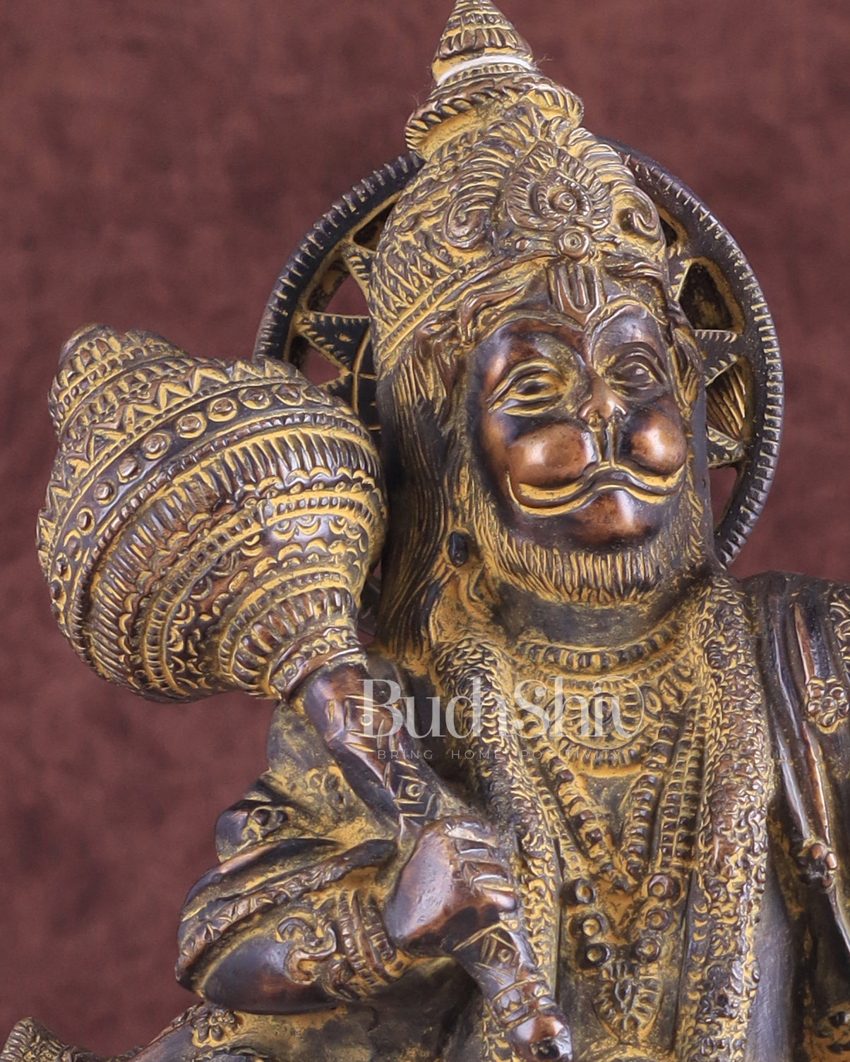 Vintage Brass Lord Hanuman Statue Carrying Sanjeevani Mountain 10.5"