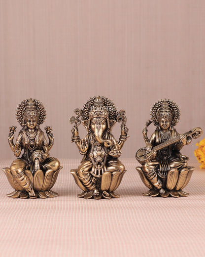 Brass Superfine Ganesh Lakshmi Saraswati Idols - 4 Inch lotus base