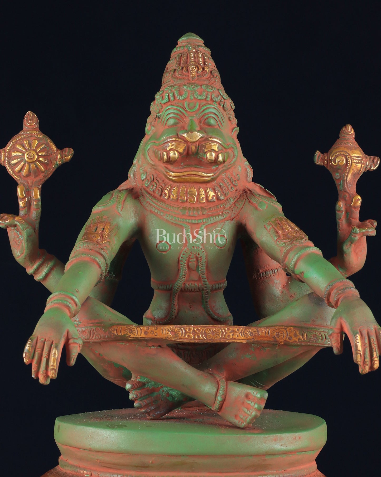 Brass Yog Narsimha Statue 11" vintage green sandstone finish