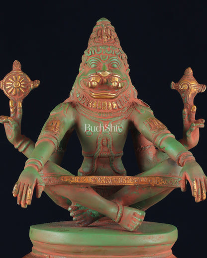 Brass Yog Narsimha Statue 11" vintage green sandstone finish