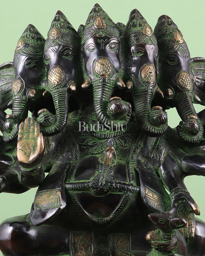 Pure Brass Large Panchmukhi Ganesha Statue - Black Green tone , 13"