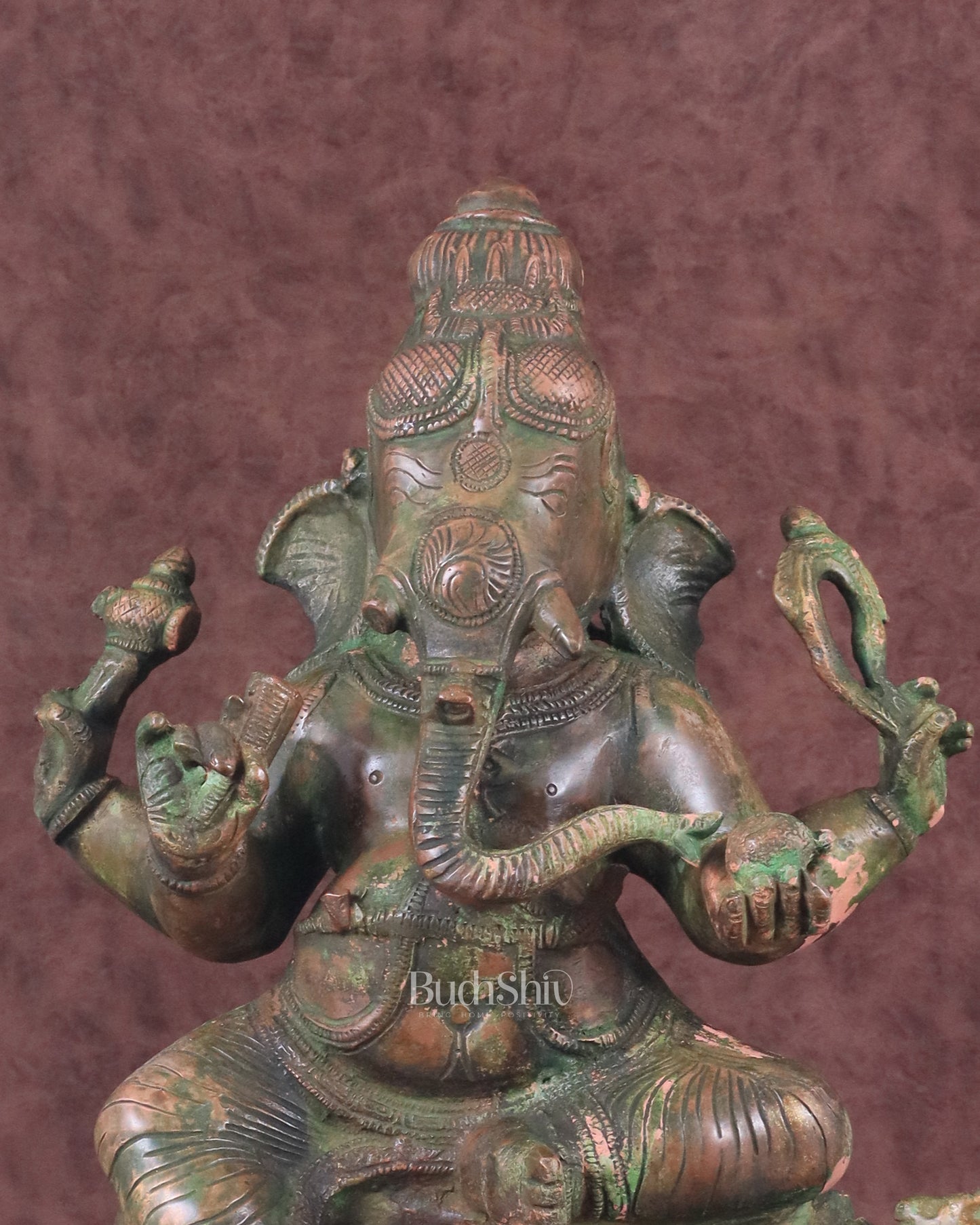 Vintage Brass Lord Ganesha Statue with Green Patina Finish - 14"