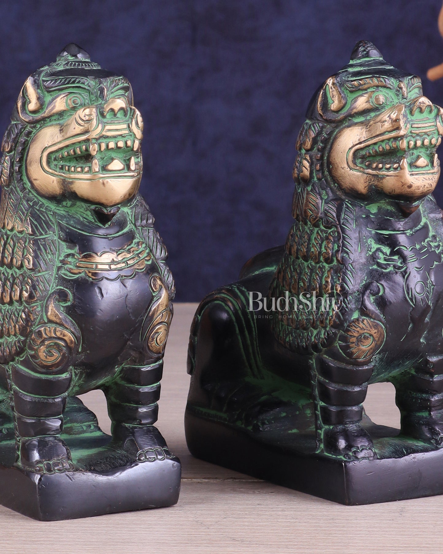 Brass Tibetan Snow Lion Pair – Antique Black & Green Finish