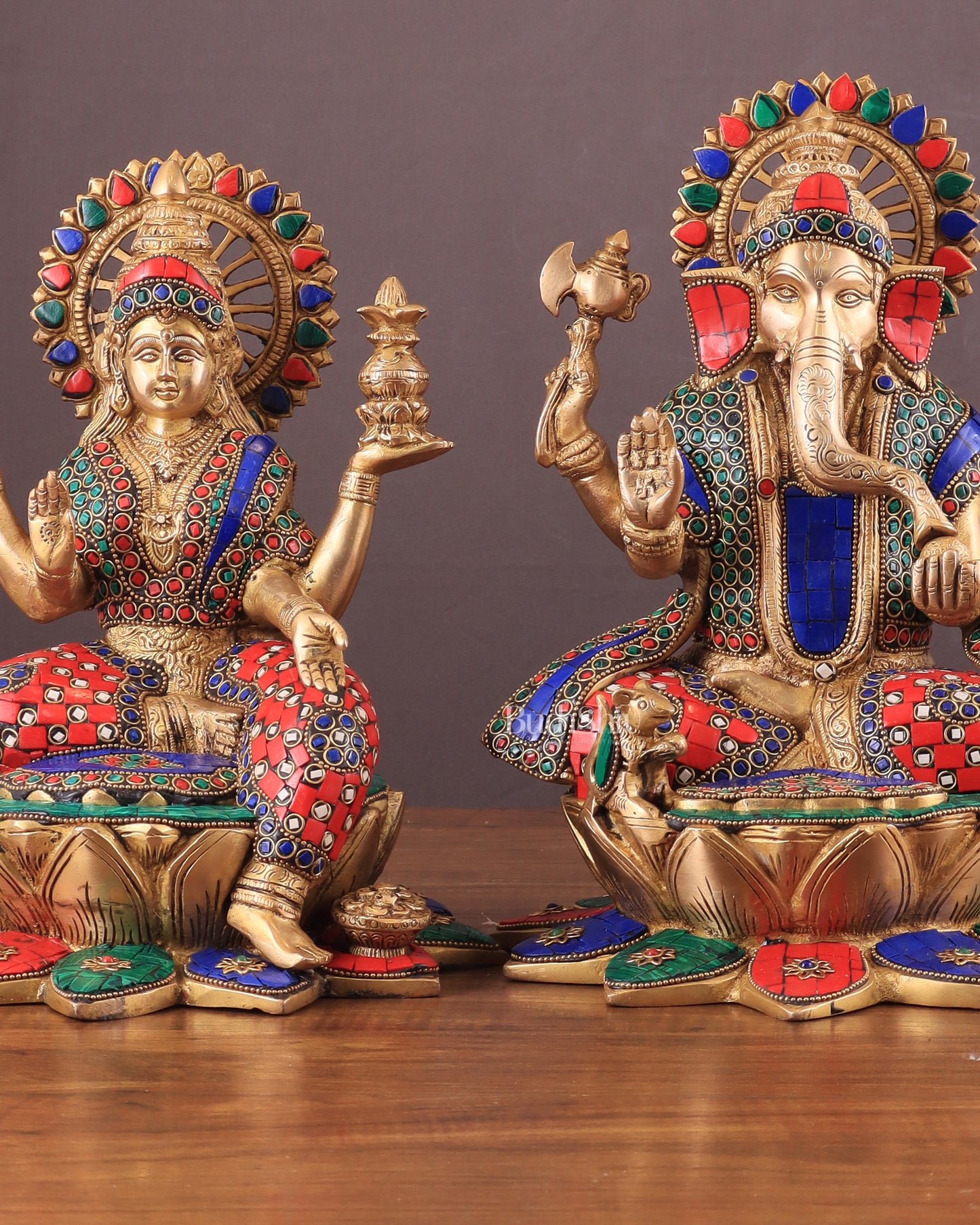 Pure Brass Ganesh Lakshmi idols Pair | 12 Inch meenakari Stonework