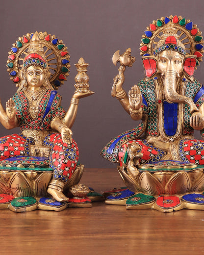 Pure Brass Ganesh Lakshmi idols Pair | 12 Inch meenakari Stonework