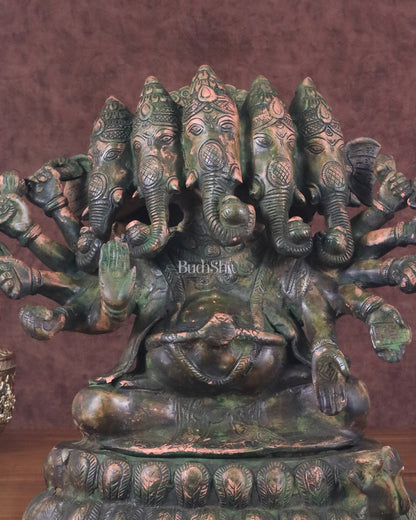 Pure Brass Large Panchmukhi Ganesha Statue - Vintage Green Patina, 13"