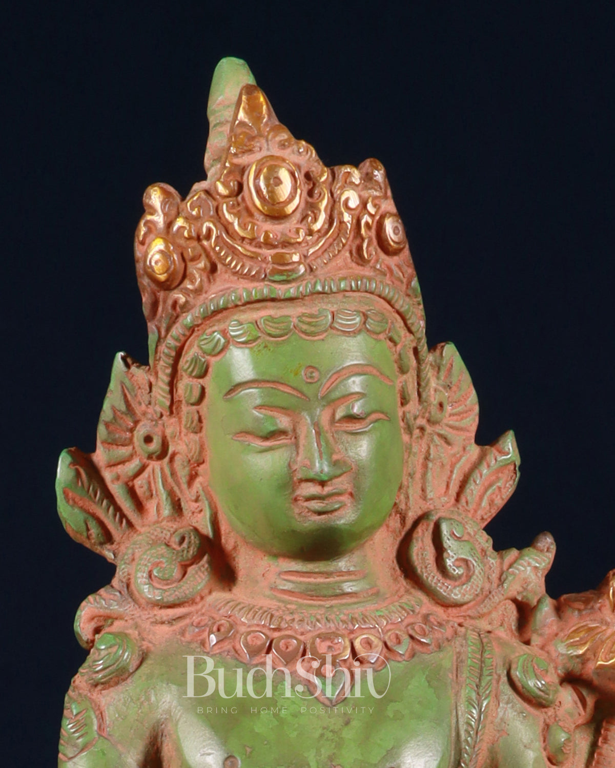 Pure Brass Standing Goddess Tara Statue – Antique Green Patina, 12 Inch