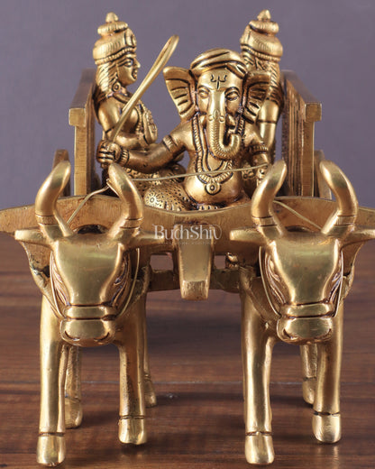 Brass Ganesha showpiece bullock cart with riddhi siddhi enhanced carvings