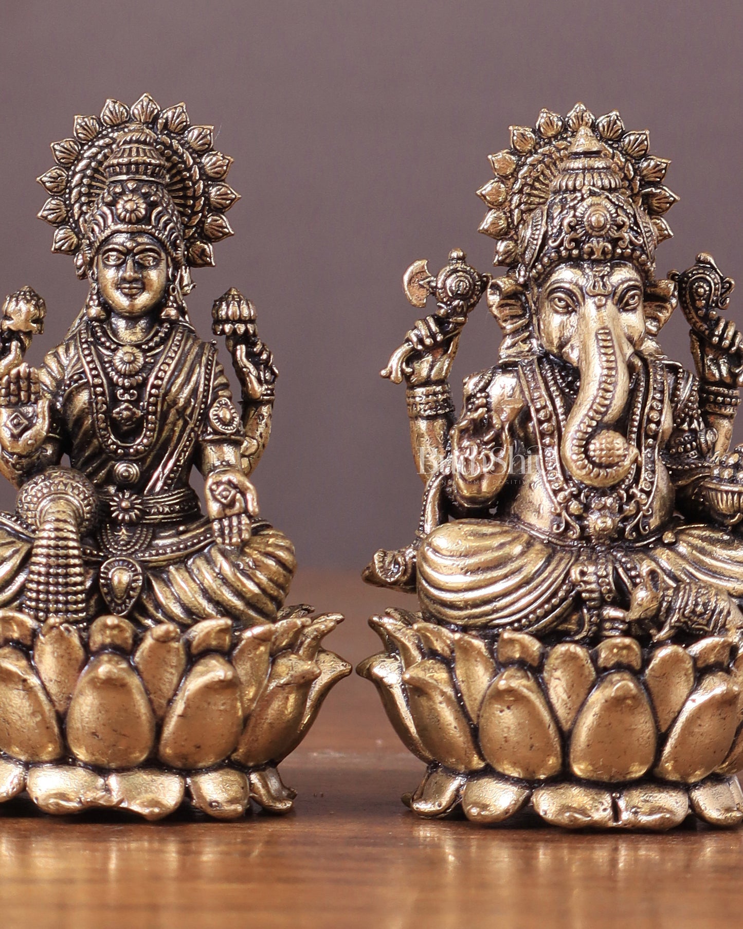 Pure Brass Intricate Superfine Ganesha-Lakshmi Idol Pair 3"