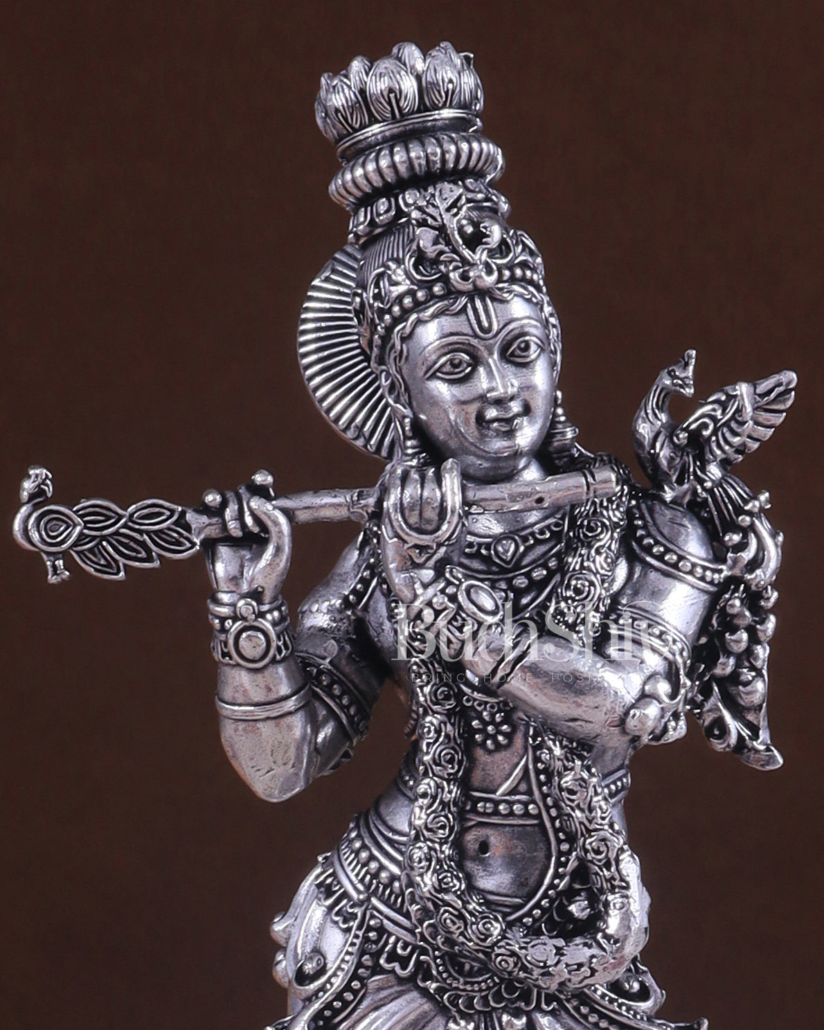 Superfine Brass Lord Krishna Intricate Idol 10" silver plated