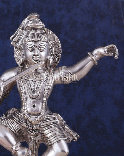 Brass Dancing Krishna Idol | Height: 9 inch with silver plated