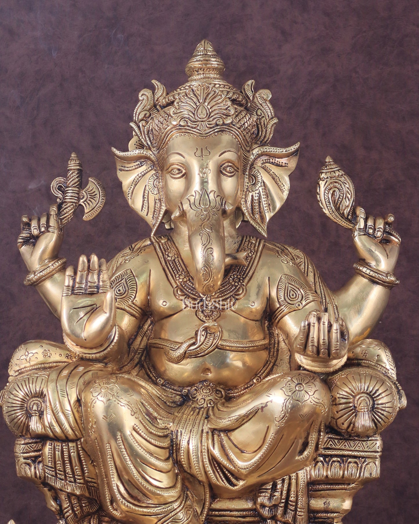 Ganesha Pure Brass Superfine Seated on Throne Statue - 18"