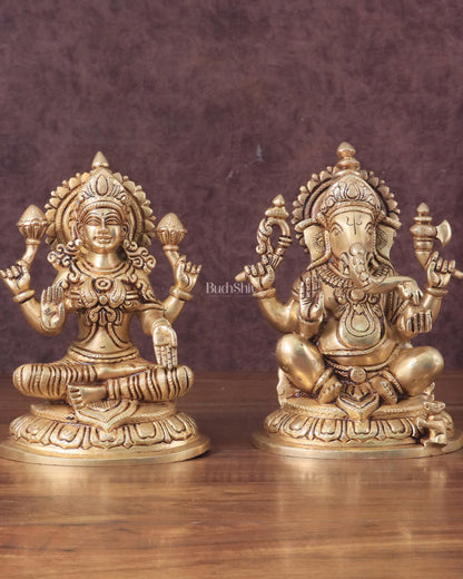 Pure Brass Ganesha and Lakshmi Idols Set - Intricate Detailing, 7.5"