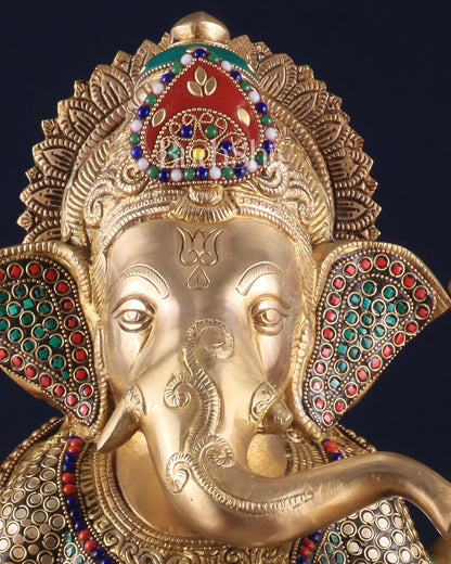 Pure Brass Lord Ganesha Idol - 18 inch Meenakari Stonework