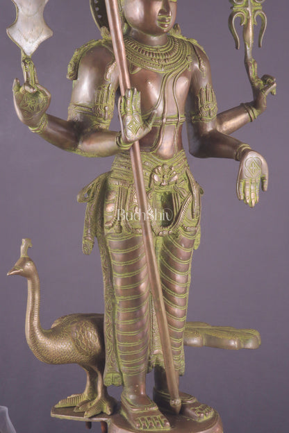 Vintage Brass Lord Kartikeya Murugan Kumarswamy Large Statue – Bronze Tone 37"