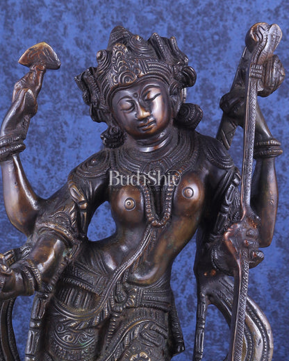 Brass Standing Saraswati with Swan Idol – Antique Bronze Tone 15 inch