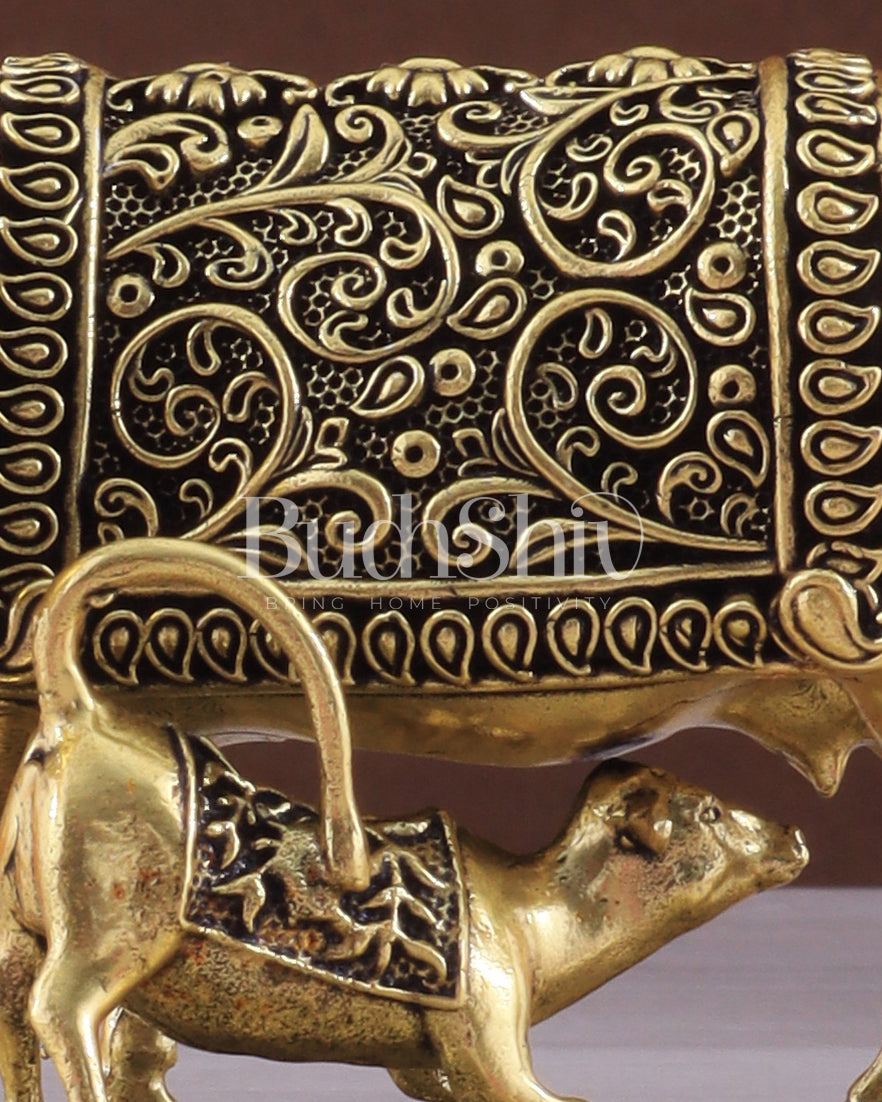 Intricate Brass antique Small Kamdhenu Cow with Calf Idol - 3.5-inch golden tone