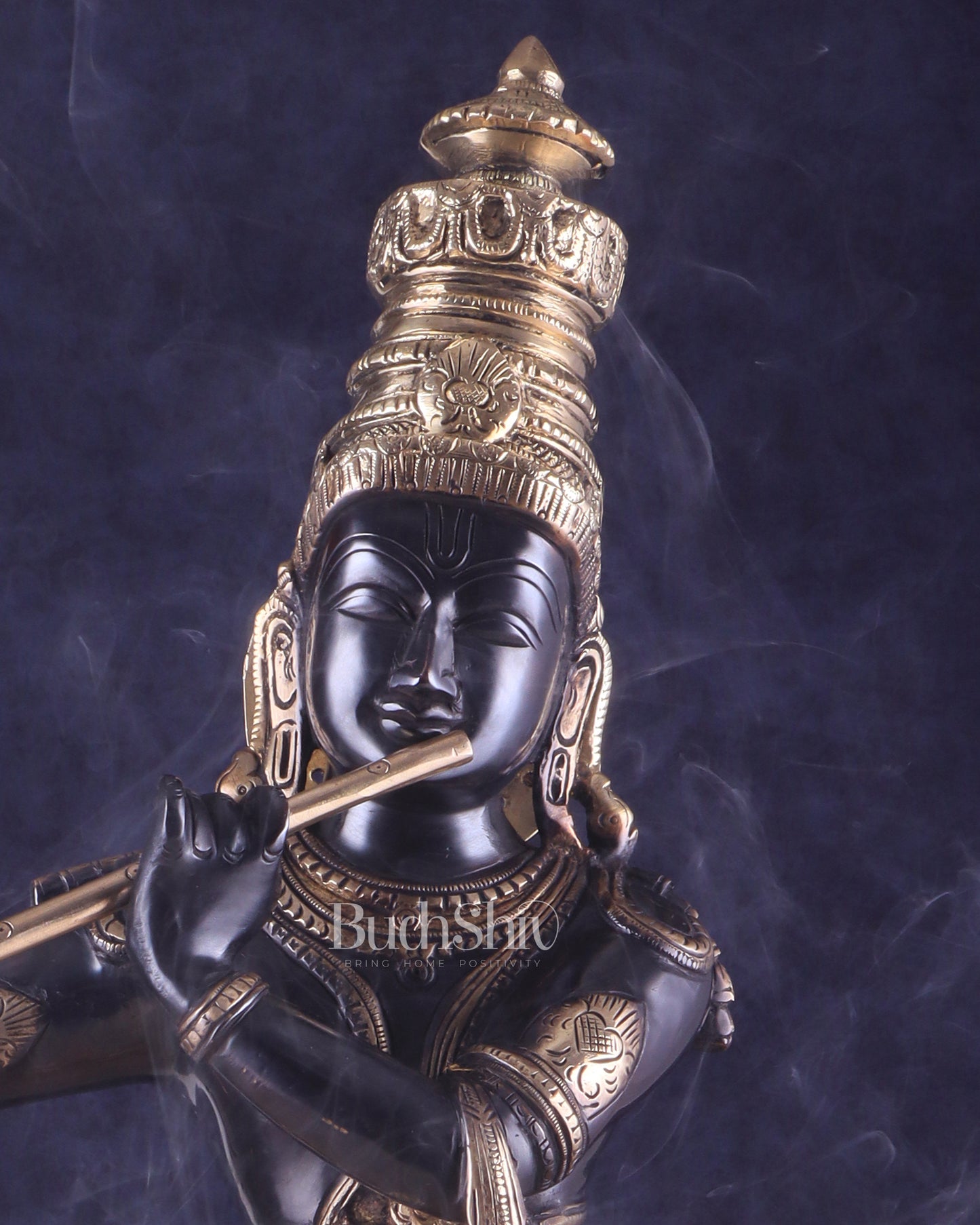 Pure Brass Lord Krishna Statue - Black & Gold Finish, 23 Inches